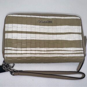 Coach Tan and White Striped Wristlet Clutch